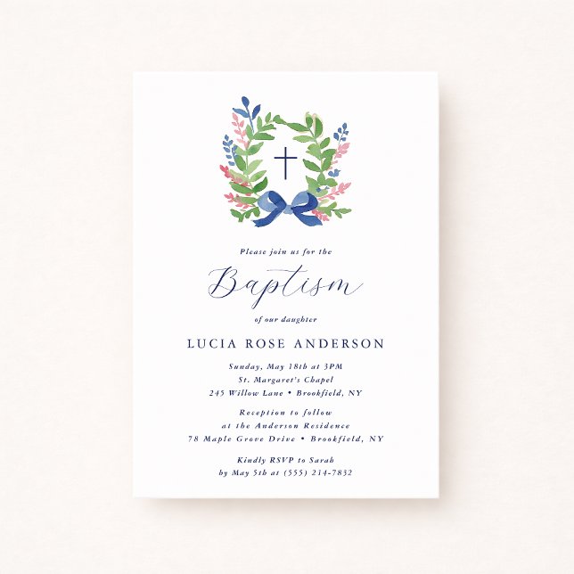 Watercolor Foliage Wreath Blue Bow Baptism  Einladung (Von Creator hochgeladen)