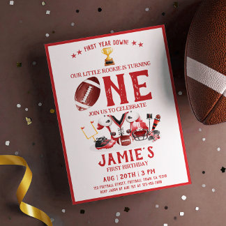 Watercolor Football All Star Red 1st Birthday Einladung