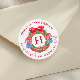 Watercolor Football Christmas Wreath Monogram Runder Aufkleber