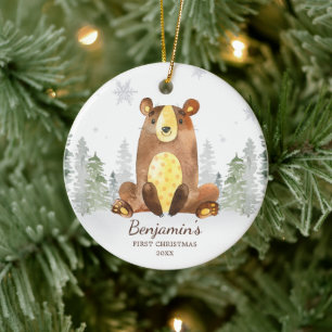 Watercolor Forest Bear Baby's First Christmas Keramik Ornament