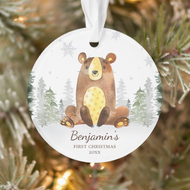 Watercolor Forest Bear Baby's First Christmas Ornament (Baum)
