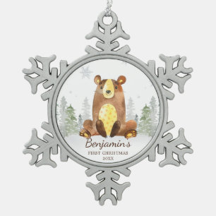 Watercolor Forest Bear Baby's First Christmas Schneeflocken Zinn-Ornament