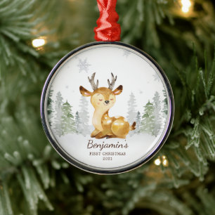 Watercolor Forest Deer Baby's First Christmas Ornament Aus Metall