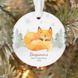 Watercolor Forest Fox Baby's First Christmas Ornament
