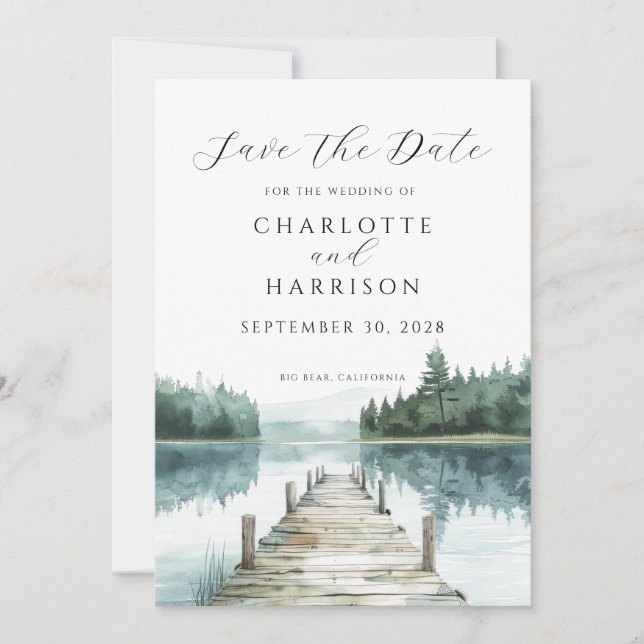 Watercolor Forest Mountain Lake Save the Date (Vorderseite)