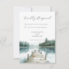 Watercolor Forest Mountain Lake Wedding RSVP Karte