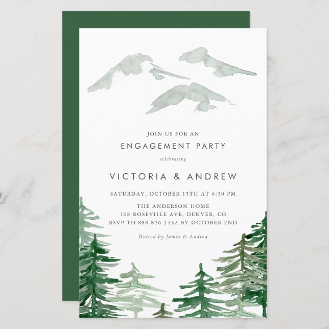 Watercolor Forest Woodland Engagement Party einlad (Vorne/Hinten)