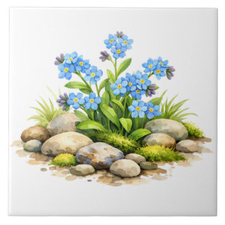 Watercolor Forget Me Not Flowers by the Rocks Fliese