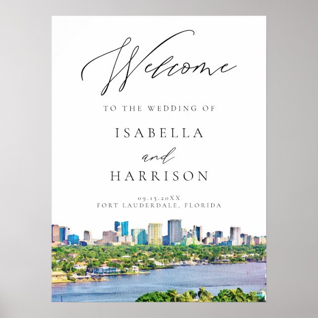 Watercolor Fort Lauderdale Skyline Wedding Willkom Poster (Vorne)