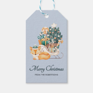 Watercolor Fox Christmas Sleighs Holiday Blue Geschenkanhänger