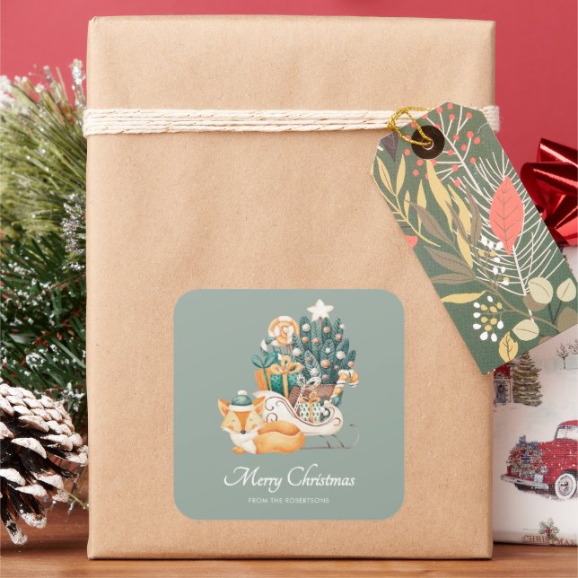 Watercolor Fox Christmas Sleighs Holiday Green Quadratischer Aufkleber (Feiertag)