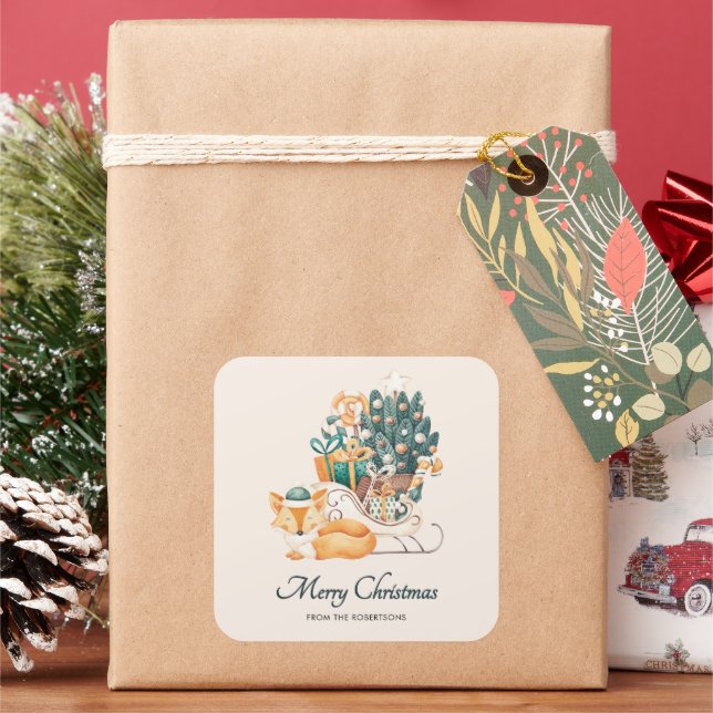 Watercolor Fox Christmas Sleighs Holiday Quadratischer Aufkleber (Feiertag)