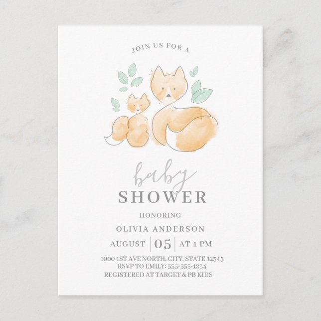 Watercolor Fox Family Baby Dusche Einladung Postkarte (Vorderseite)