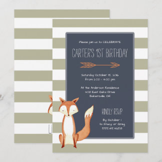 Watercolor Fox Navy Orange Streifen Geburtstag Einladung