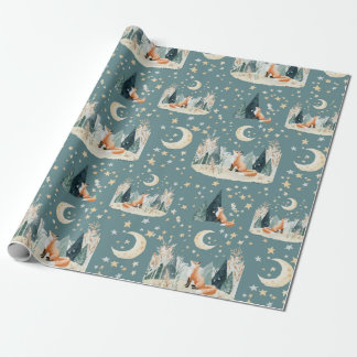 Watercolor Fox Trees and Stars Wrapping Paper Geschenkpapier
