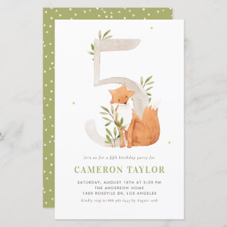 Watercolor Fox Woodland Fifth Birthday Invitation