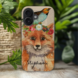Watercolor Foxy Floral Friends Personalisierter Na iPhone 16 Hülle