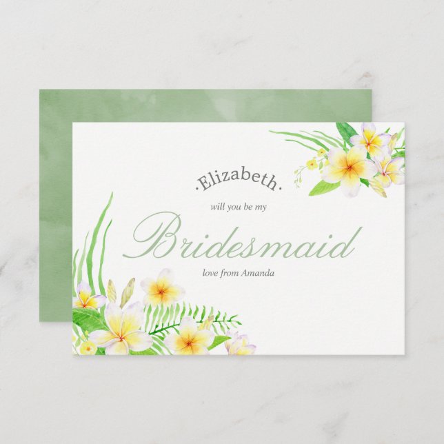 Watercolor Frangipani Wedding Be My Bridesmaid Einladung (Vorne/Hinten)