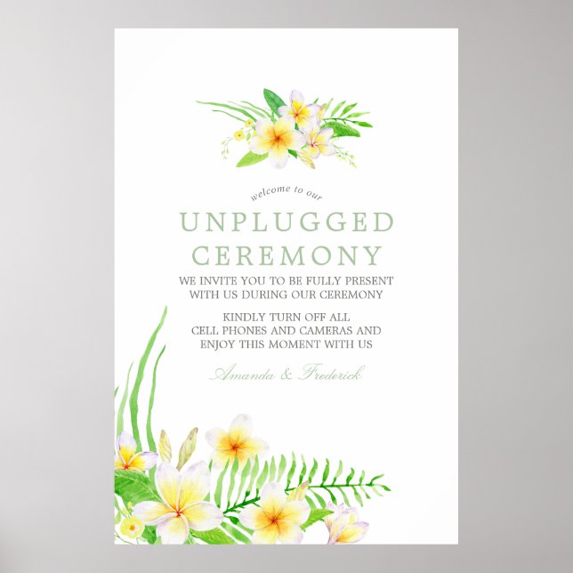 Watercolor Frangipani Wedding Unplugged Zeremonie Poster (Vorne)