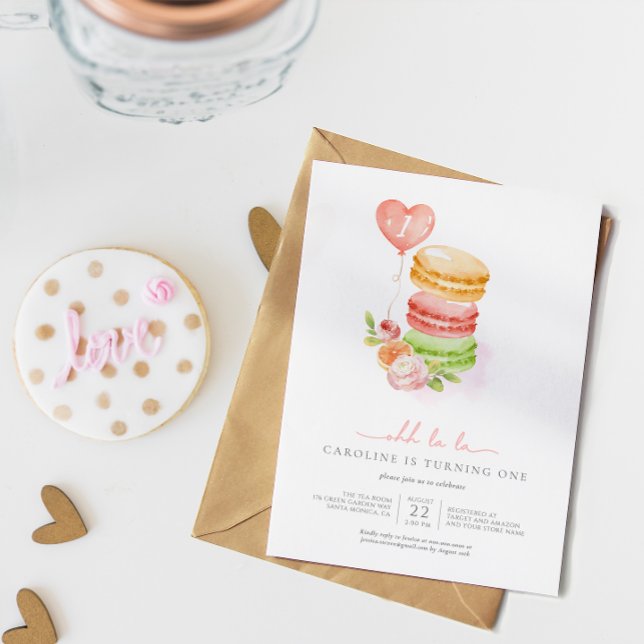 Watercolor French Macaroons Baby Birthday Party Einladung (Von Creator hochgeladen)