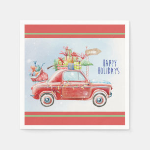 Watercolor Frohe Feiertage Lit rotes Auto Weihna Serviette