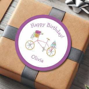 Watercolor Frohe Geburtstag Fahrrad Runder Aufkleber