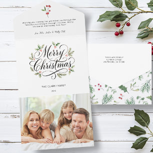 Watercolor Frohe Weihnachten Schrift Botanisch All In One Einladung