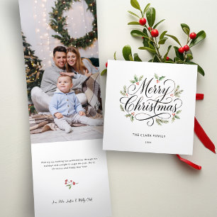 Watercolor Frohe Weihnachten Schrift Botanisch Dreifach Gefaltete Urlaubskarte