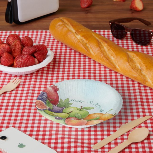 Watercolor Fruit Abundance, Tu Bishvat Background Pappteller (Picknick)