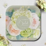 Watercolor Garden Florals Brautparty Pappteller<br><div class="desc">Schöne Aquarell-Hydrangeas,  Rosa und Creme-Rose,  Gänseblüten,  kleine Blüten und Blätter auf Salingrün,  personalisieren Sie diese Teller für Ihr Brautparty,  Verlobungsfeier,  Hochzeit oder jede Gelegenheit mit Ihren Details in schicken Schriften. PASSENDE Artikel in unserer Sammlung.</div>