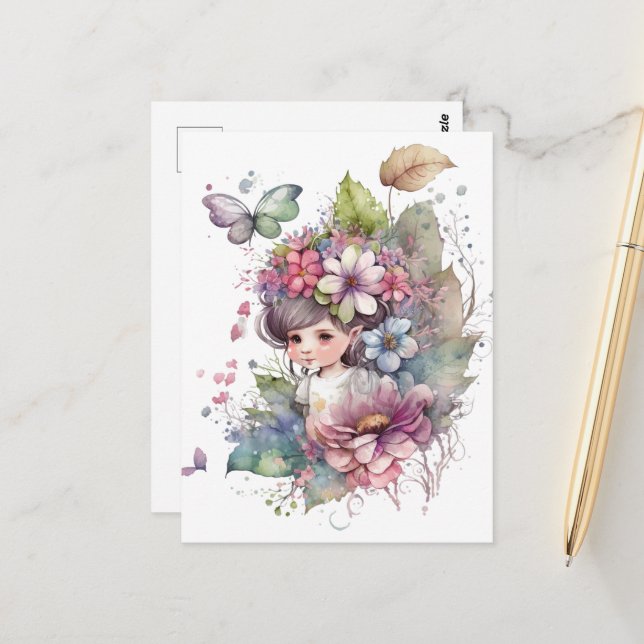 Watercolor Garden Girl - Baby Fairy Postkarte (Vorderseite/Rückseite Beispiel)