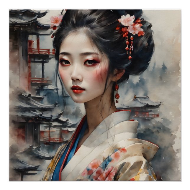 Watercolor Geisha no 8 Poster (Vorderseite)