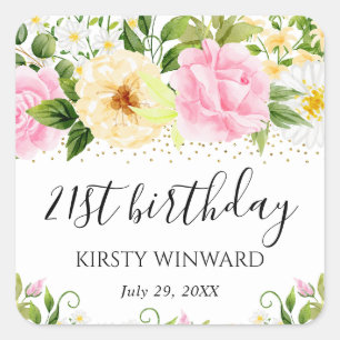 Watercolor Gelbe und Rosa Blumen Geburtstag Quadratischer Aufkleber