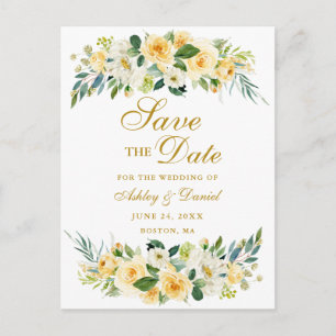 Watercolor-gelbes weißes Blumengold Save the Date Ankündigungspostkarte