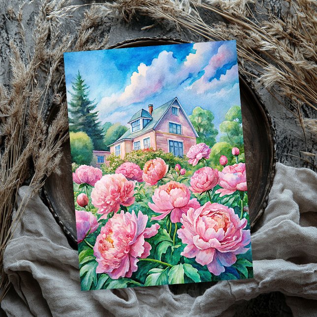 Watercolor gemütliche, weiße Haus Rosa Pfannkuchen Seidenpapier (Watercolor cozy white house pink peonies tissue paper)