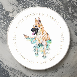 Watercolor German Shepherd Malinois Rücksendeadres Runder Aufkleber