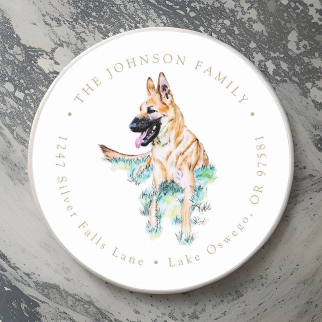Watercolor German Shepherd Malinois Rücksendeadres Runder Aufkleber (Von Creator hochgeladen)