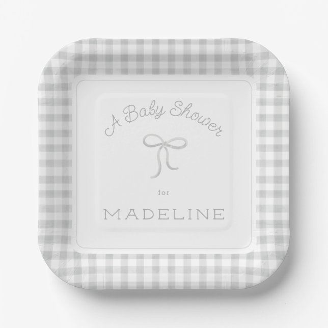 Watercolor Gingham Gray Baby Dusche Pappteller (Vorderseite)