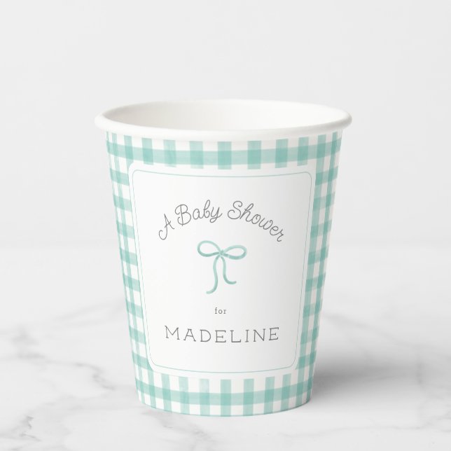 Watercolor Gingham Mint Green Baby Dusche Pappbecher (Vorderseite)