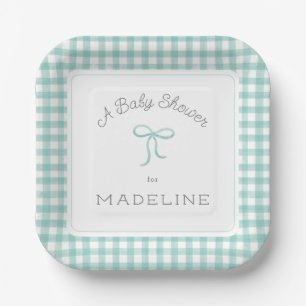 Watercolor Gingham Mint Green Baby Dusche Pappteller