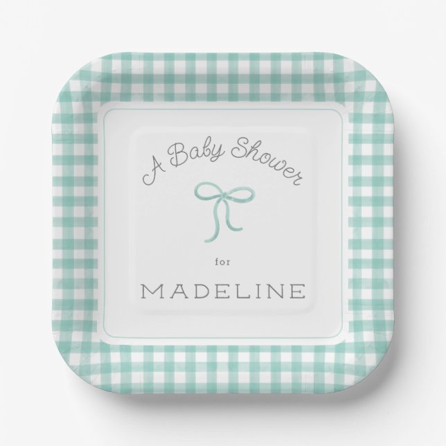 Watercolor Gingham Mint Green Baby Dusche Pappteller (Vorderseite)
