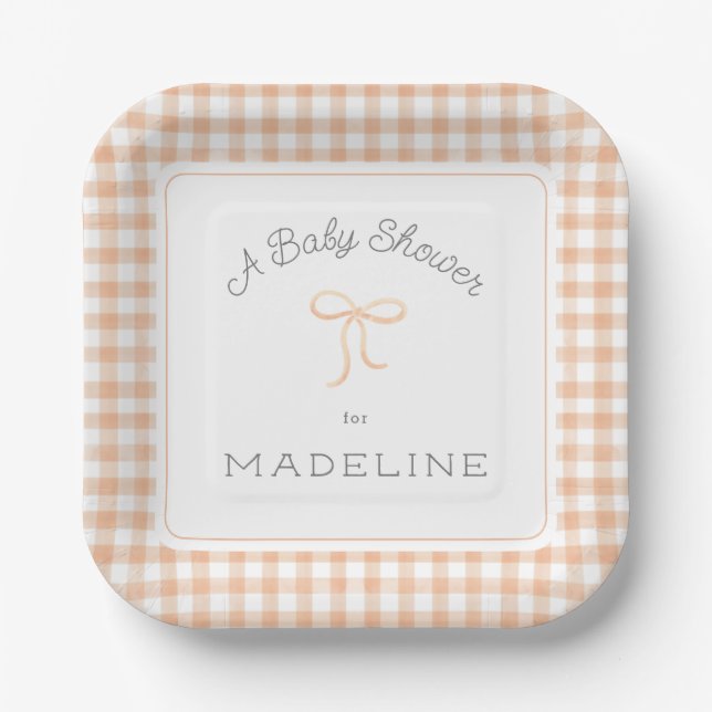 Watercolor Gingham Peach Baby Dusche Pappteller (Vorderseite)
