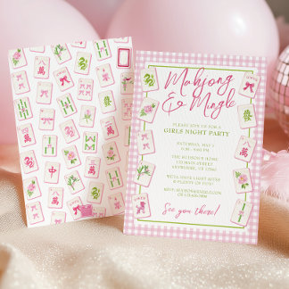 Watercolor Gingham Pink Bow Mahjong Party Einladung