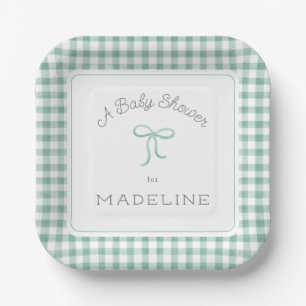 Watercolor Gingham Sage Green Baby Dusche Pappteller