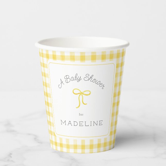 Watercolor Gingham Yellow Baby Dusche Pappbecher (Vorderseite)