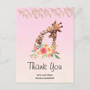 Watercolor Giraffe Mama & Baby Danke Postcard Postkarte