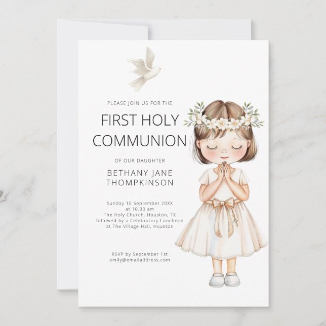 Watercolor Girl First Holy Communion White Einladung (Vorderseite)