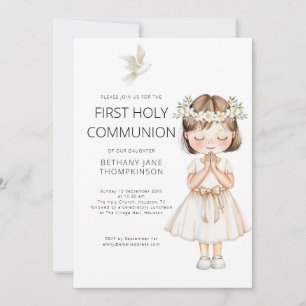Watercolor Girl First Holy Communion White Einladung