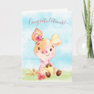 Watercolor Girl Piggy Herzlichen Glückwunsch Karte
