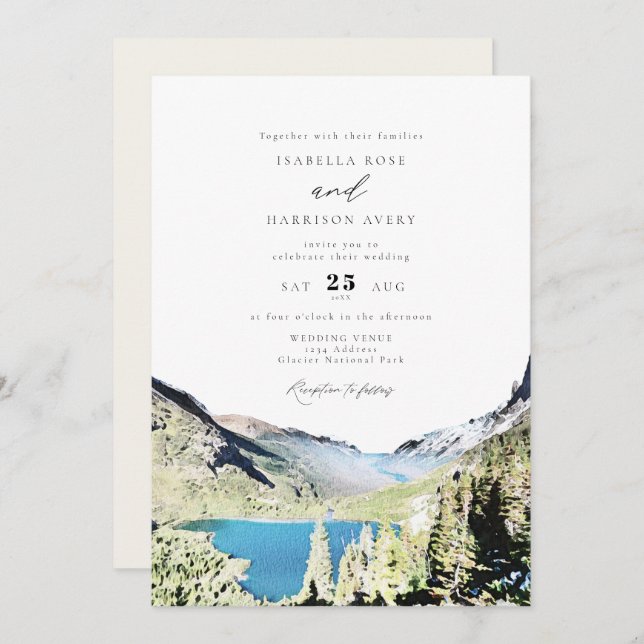 Watercolor Glacier Nationalpark Hochzeit im Freien Einladung (Vorne/Hinten)